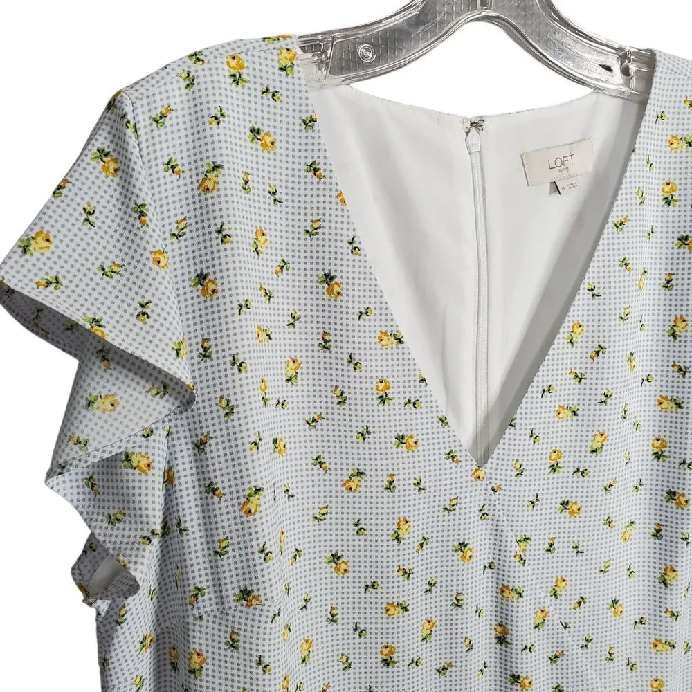 Loft Size 14 Dress Long Gingham Floral Flutter Sleeve Faux Wrap Ruffle Hem Lined - Picture 12 of 15